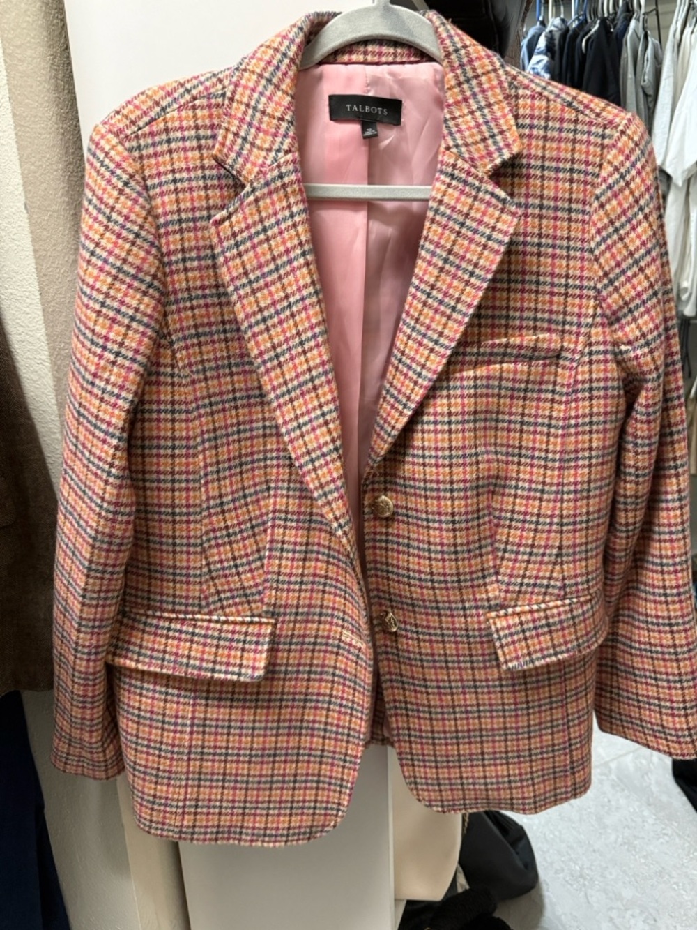 Talbots Pink Multi-Check Wool-Blend Blazer with Gold Buttons
